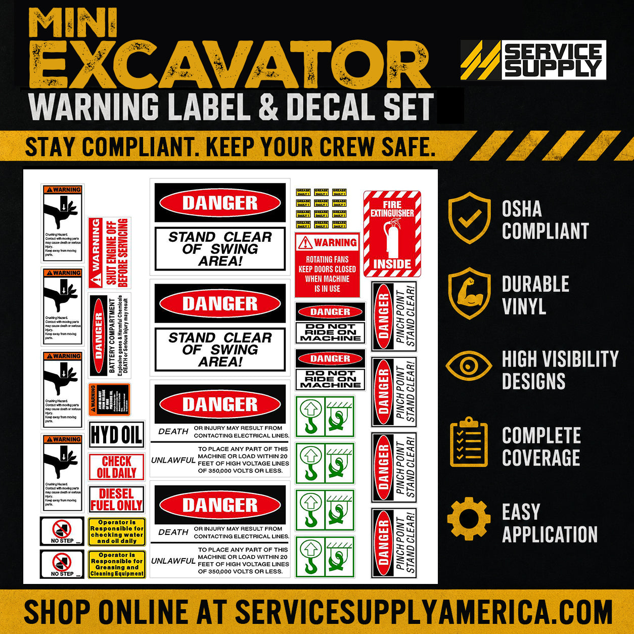 Mini Excavator Warning Label & Decal Set