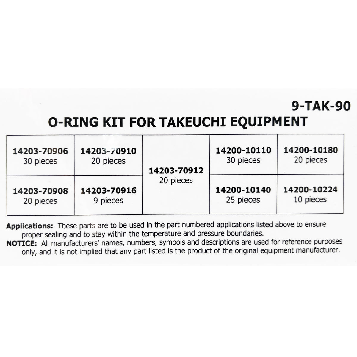 O-Ring Kit for Takeuchi Equipment