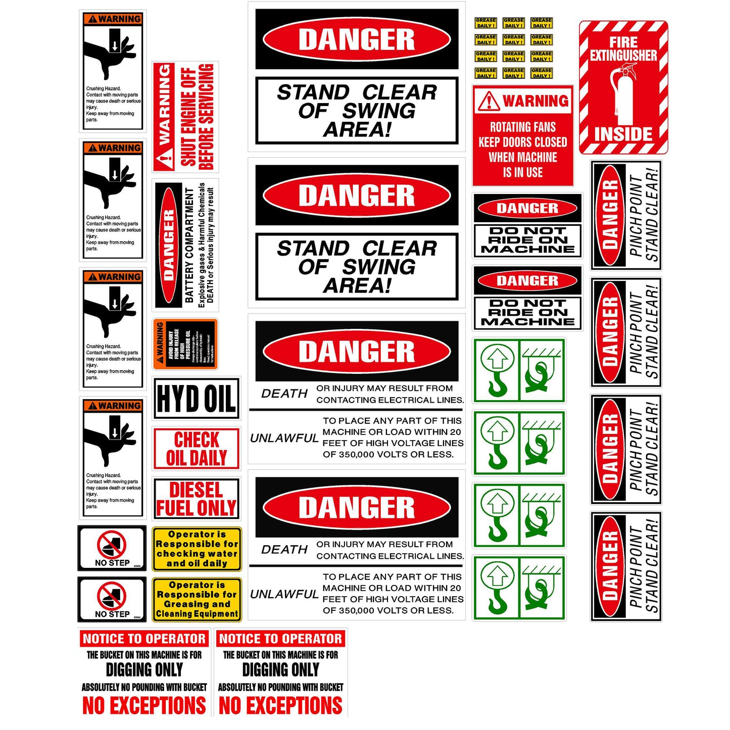 Excavator Warning Label & Decal Set