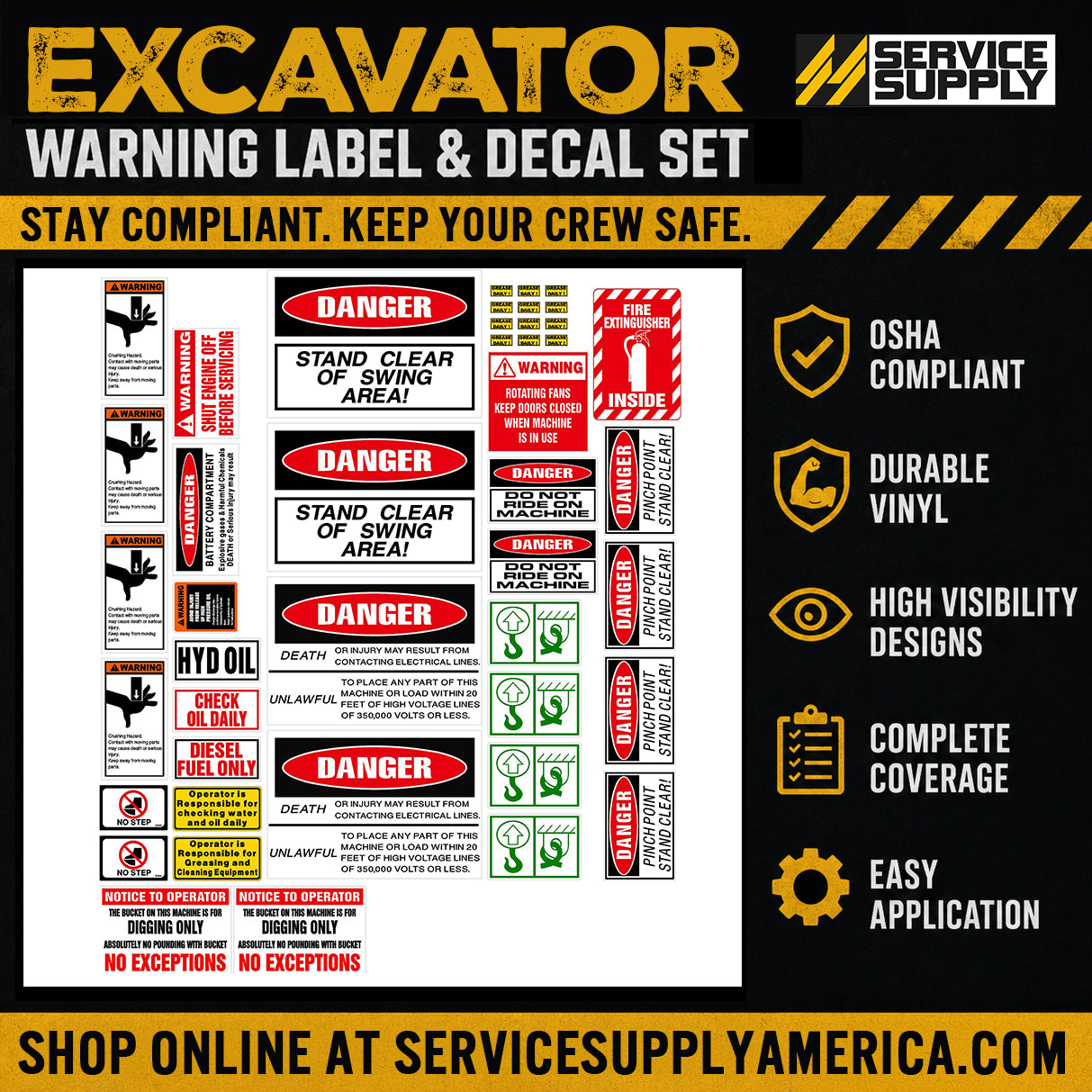 Excavator Warning Label & Decal Set