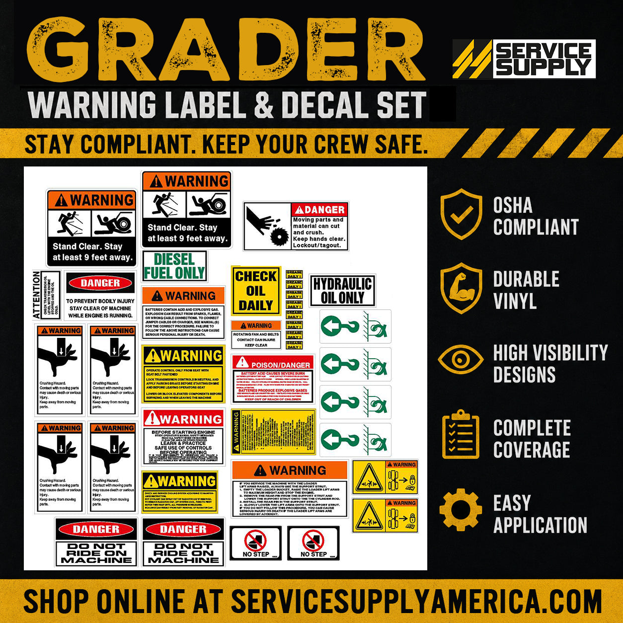 Grader Warning Label & Decal Set