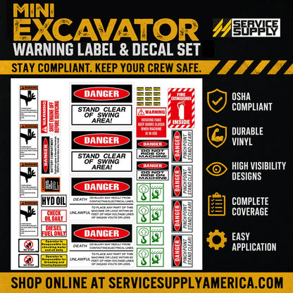 Mini Excavator Warning Label & Decal Set