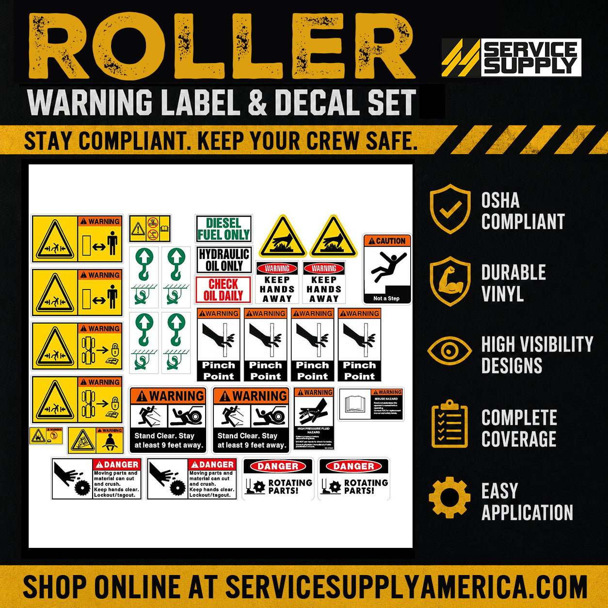 Roller Warning Label & Decal Set