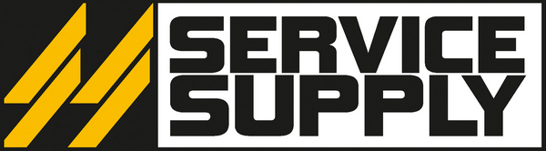 Service Supply logo with black text and yellow diagonal stripes on a white background
