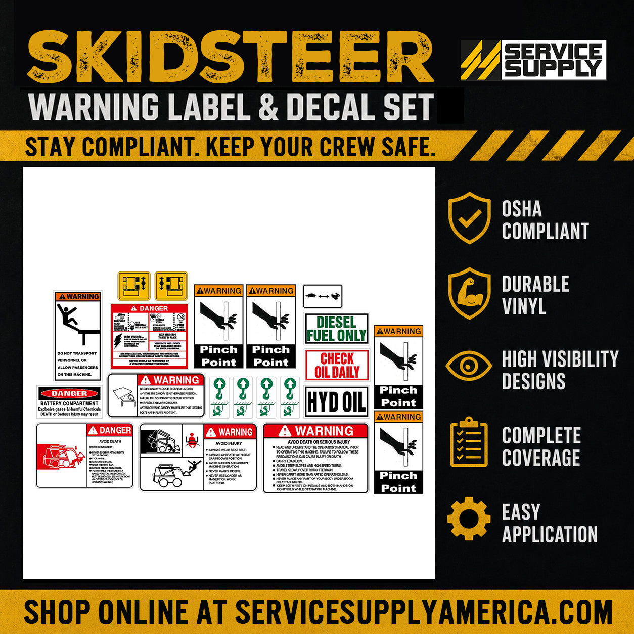 Skidsteer Warning Label & Decal Set